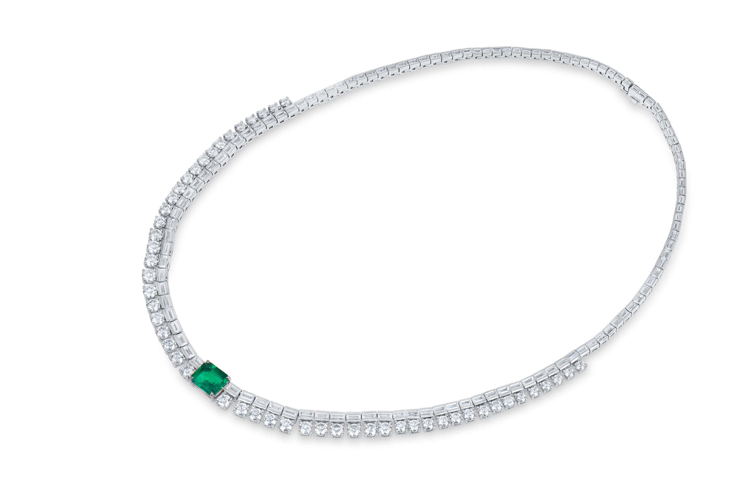 18K White Gold Statement Necklace With 2.25 TCW Emerald Shape Natural Emerald, C.DUNAIGRE Certified