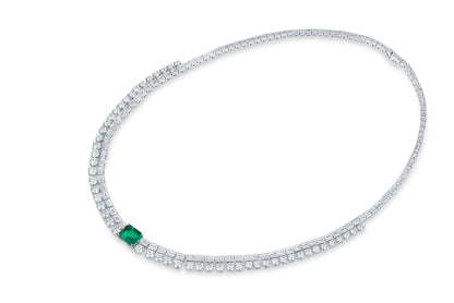 18K White Gold Statement Necklace With 2.25 TCW Emerald Shape Natural Emerald, C.DUNAIGRE Certified