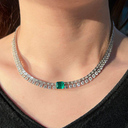 18K White Gold Statement Necklace With 2.25 TCW Emerald Shape Natural Emerald, C.DUNAIGRE Certified