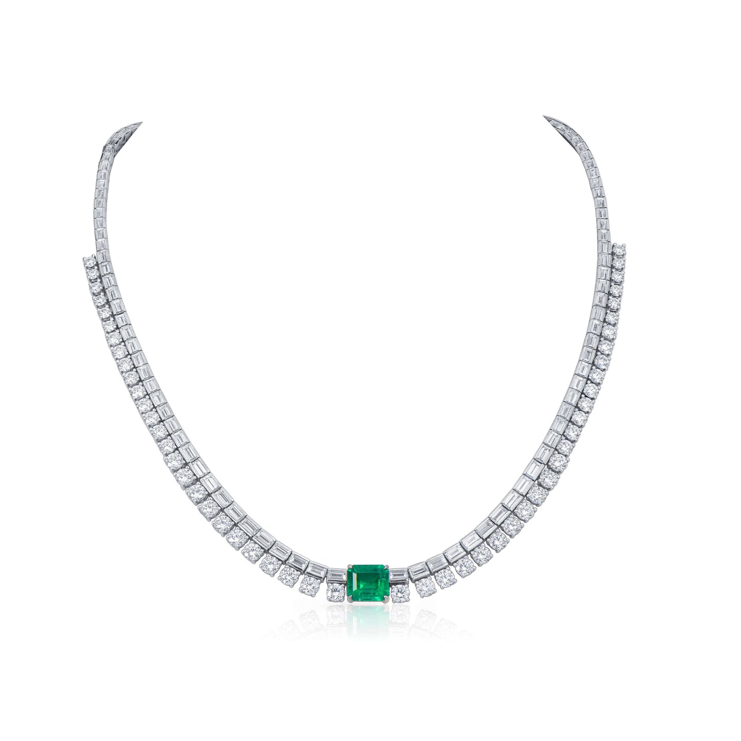 18K White Gold Statement Necklace With 2.25 TCW Emerald Shape Natural Emerald, C.DUNAIGRE Certified