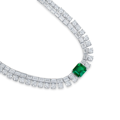 18K White Gold Statement Necklace With 2.25 TCW Emerald Shape Natural Emerald, C.DUNAIGRE Certified