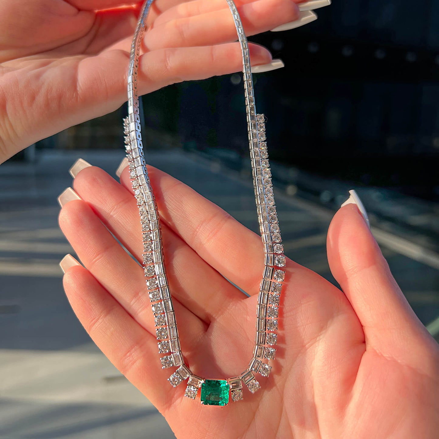 18K White Gold Statement Necklace With 2.25 TCW Emerald Shape Natural Emerald, C.DUNAIGRE Certified