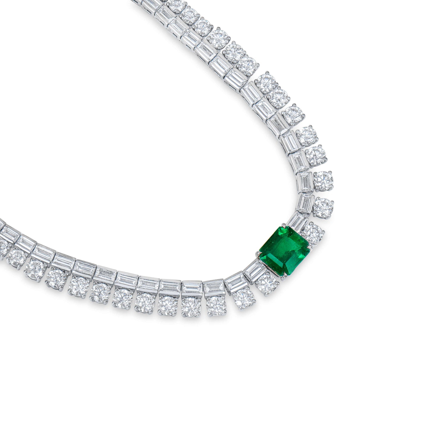 18K White Gold Statement Necklace With 2.25 TCW Emerald Shape Natural Emerald, C.DUNAIGRE Certified