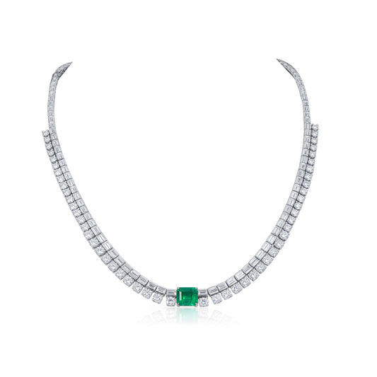 18K White Gold Statement Necklace With 2.25 TCW Emerald Shape Natural Emerald, C.DUNAIGRE Certified
