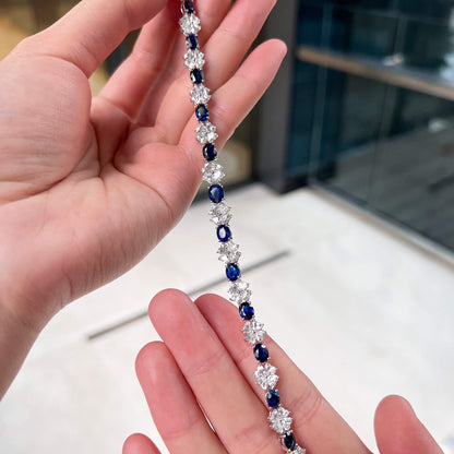 18K White Gold Statement Bracelet With 8.97 TCW Oval Shape Natural Sapphire, GUILD Certified