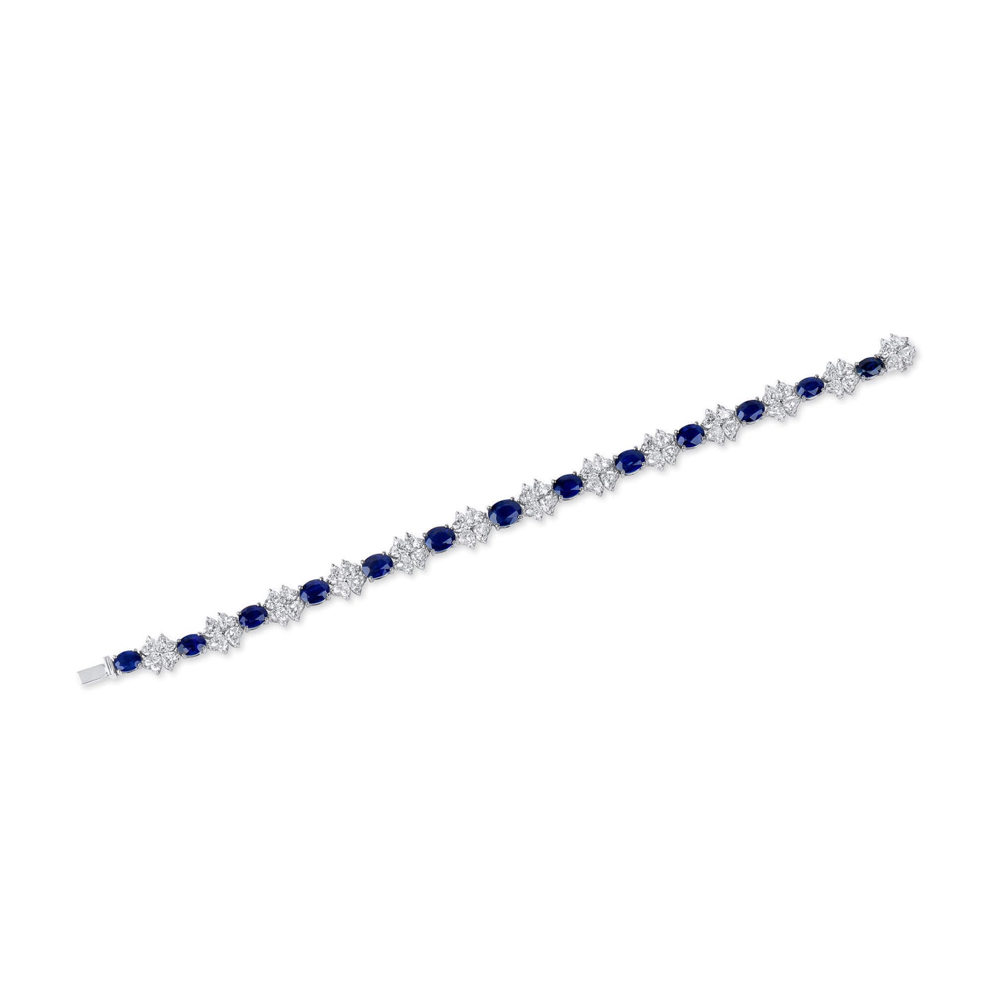 18K White Gold Statement Bracelet With 8.97 TCW Oval Shape Natural Sapphire, GUILD Certified