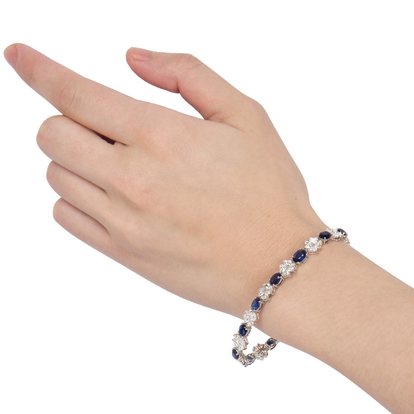 18K White Gold Statement Bracelet With 8.97 TCW Oval Shape Natural Sapphire, GUILD Certified