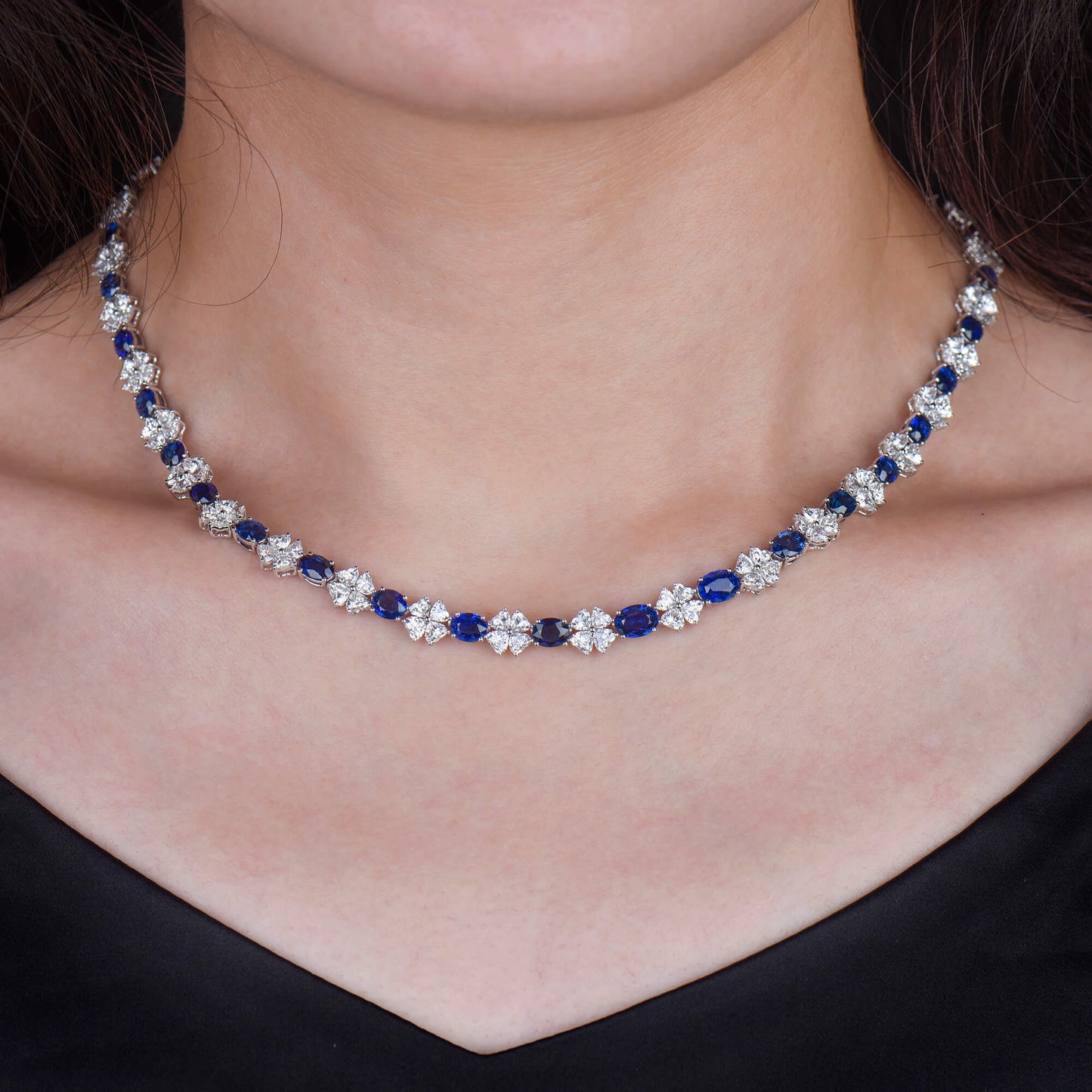 18K White Gold Statement Necklace With 17.34 TCW Oval Shape Natural Sapphire, GUILD Certified