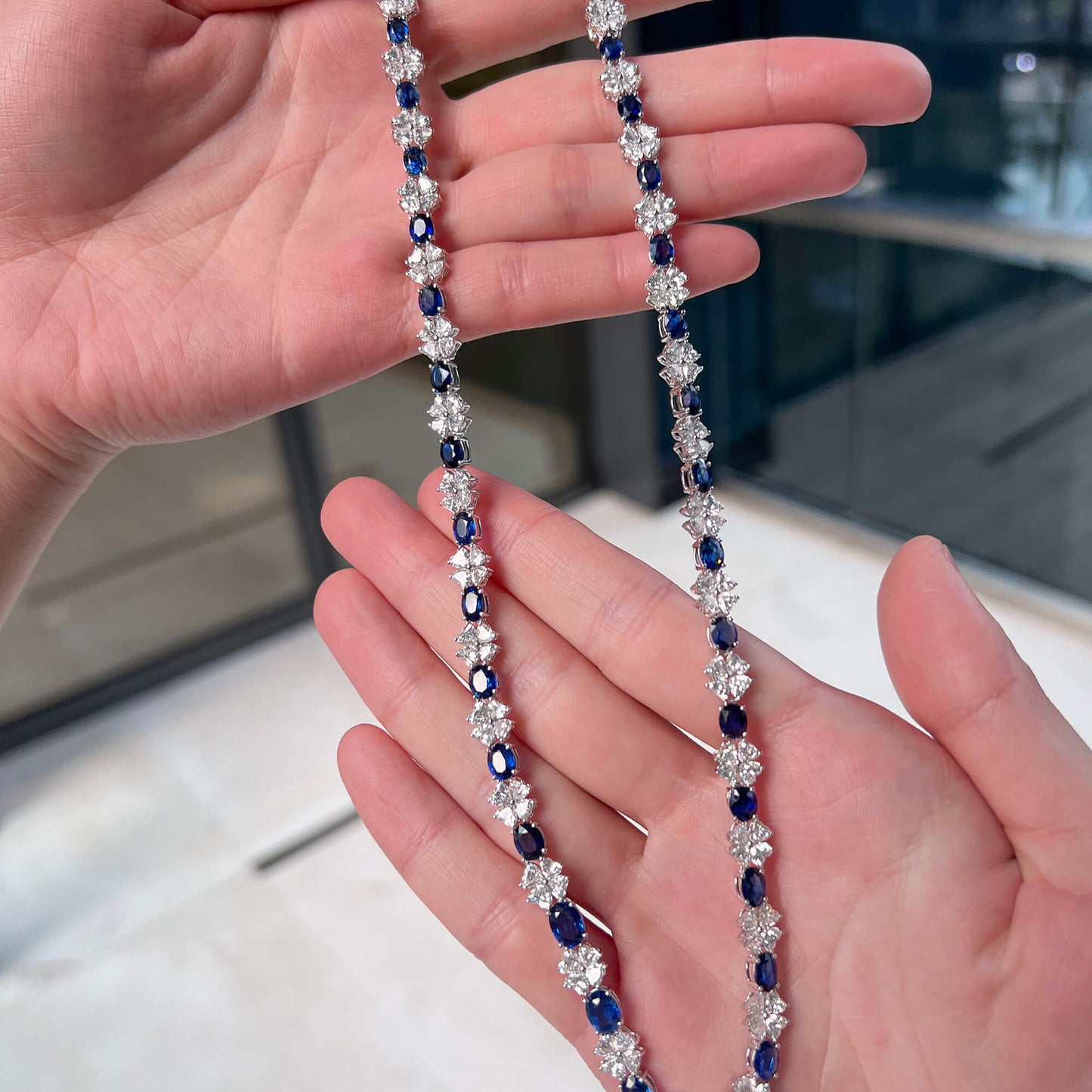 18K White Gold Statement Necklace With 17.34 TCW Oval Shape Natural Sapphire, GUILD Certified