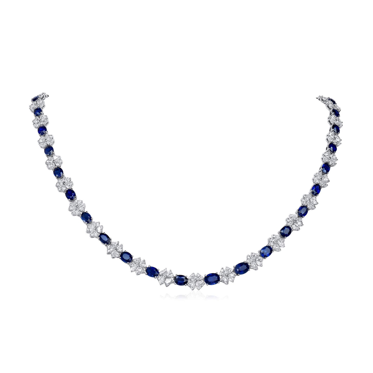 18K White Gold Statement Necklace With 17.34 TCW Oval Shape Natural Sapphire, GUILD Certified