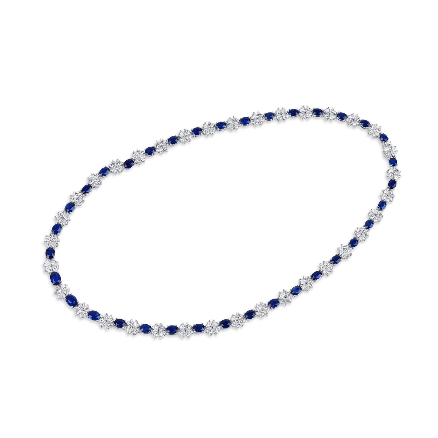 18K White Gold Statement Necklace With 17.34 TCW Oval Shape Natural Sapphire, GUILD Certified