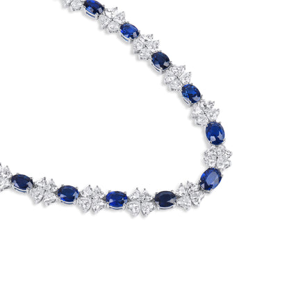 18K White Gold Statement Necklace With 17.34 TCW Oval Shape Natural Sapphire, GUILD Certified