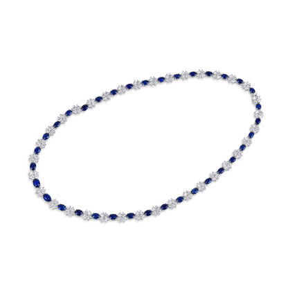 18K White Gold Statement Necklace With 17.34 TCW Oval Shape Natural Sapphire, GUILD Certified