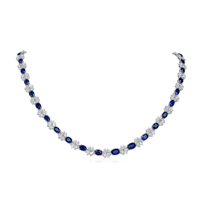 18K White Gold Statement Necklace With 17.34 TCW Oval Shape Natural Sapphire, GUILD Certified