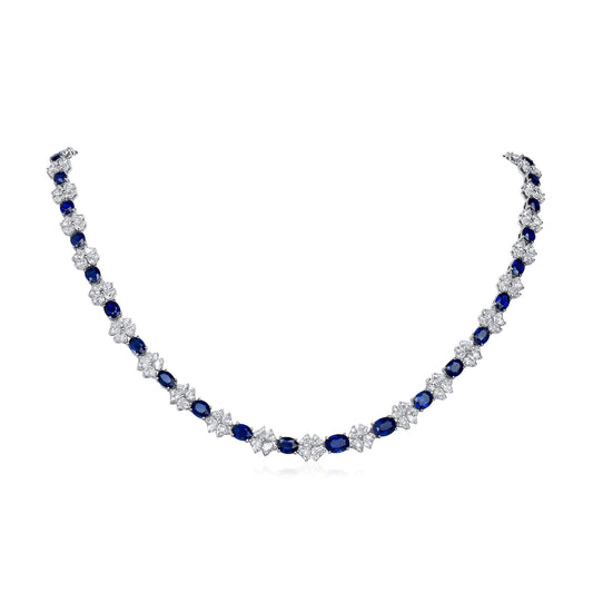 18K White Gold Statement Necklace With 17.34 TCW Oval Shape Natural Sapphire, GUILD Certified