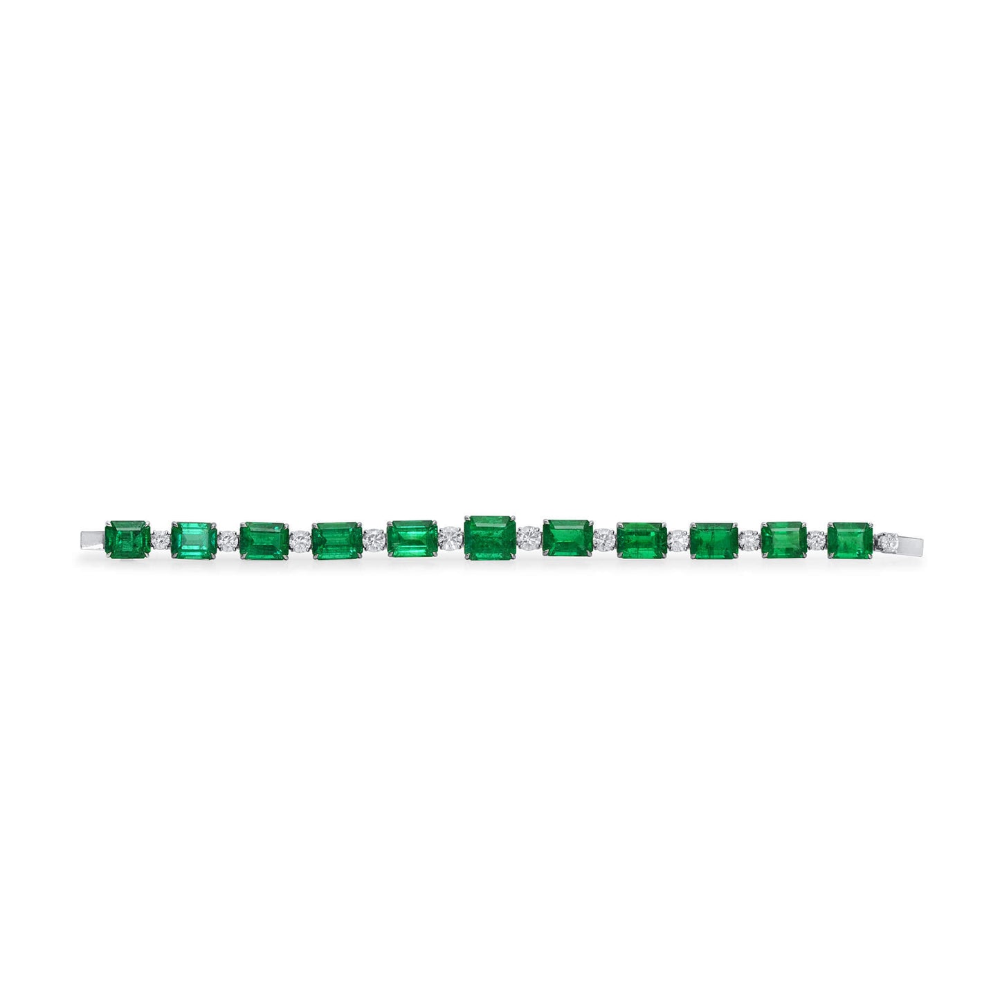 18K White Gold Statement Bracelet With 32.95 TCW Emerald Shape Natural Emerald, GRS Certified