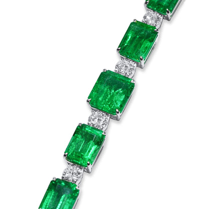 18K White Gold Statement Bracelet With 32.95 TCW Emerald Shape Natural Emerald, GRS Certified