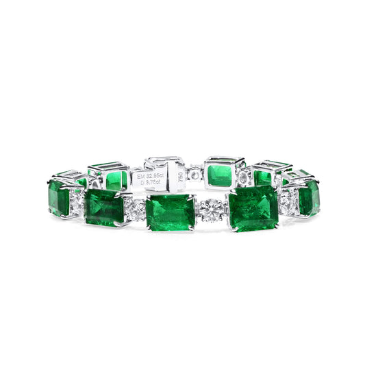 18K White Gold Statement Bracelet With 32.95 TCW Emerald Shape Natural Emerald, GRS Certified