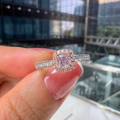 18K White & Rose Gold Statement Ring With 0.50 TCW Pink Cushion Shape Natural Diamond, GIA Certified