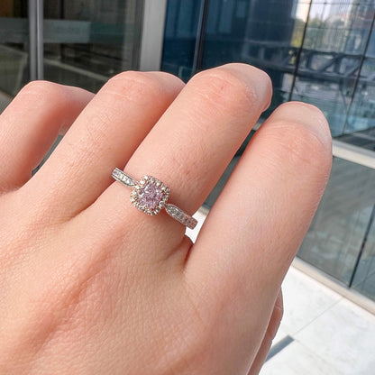 18K White & Rose Gold Statement Ring With 0.50 TCW Pink Cushion Shape Natural Diamond, GIA Certified