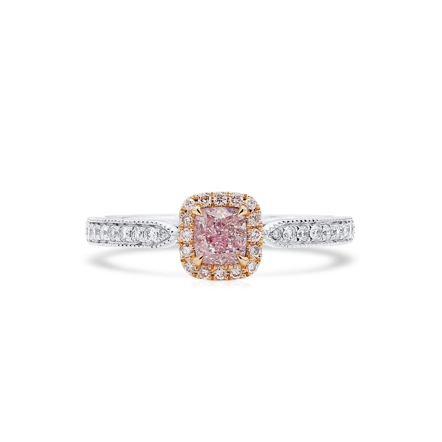 18K White & Rose Gold Statement Ring With 0.50 TCW Pink Cushion Shape Natural Diamond, GIA Certified