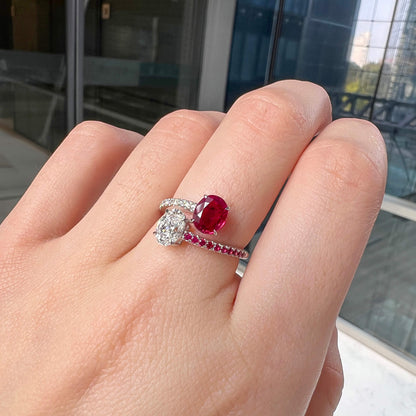 18K White Gold Statement Ring With 1.21 TCW Oval Shape Natural Ruby, AGL Certified