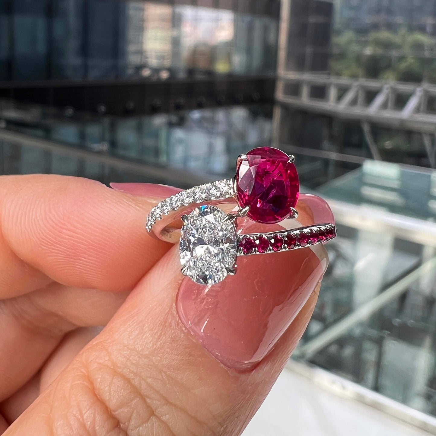 18K White Gold Statement Ring With 1.21 TCW Oval Shape Natural Ruby, AGL Certified