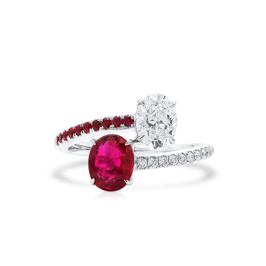 18K White Gold Statement Ring With 1.21 TCW Oval Shape Natural Ruby, AGL Certified
