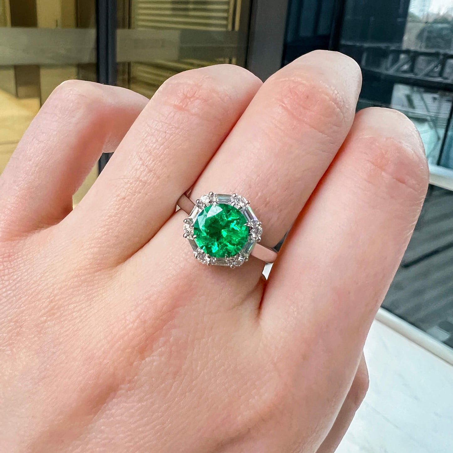 18K White Gold Statement Ring With 1.82 TCW Round Shape Natural Emerald, GRS Certified