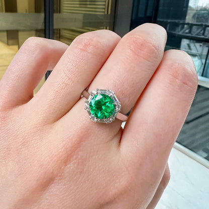 18K White Gold Statement Ring With 1.82 TCW Round Shape Natural Emerald, GRS Certified