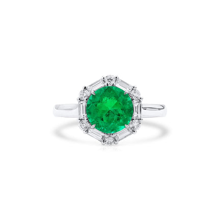 18K White Gold Statement Ring With 1.82 TCW Round Shape Natural Emerald, GRS Certified