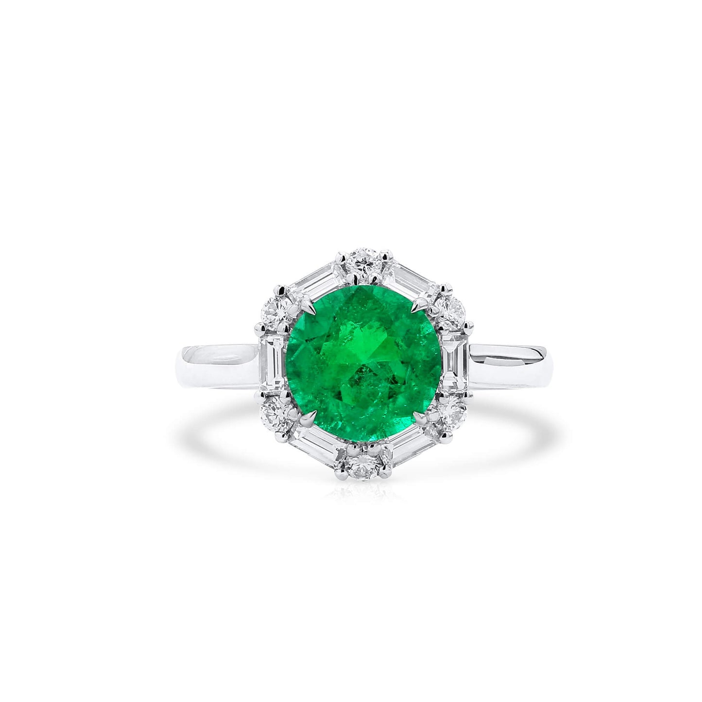 18K White Gold Statement Ring With 1.82 TCW Round Shape Natural Emerald, GRS Certified