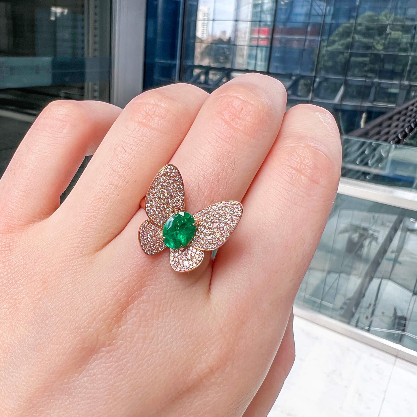 18K White & Rose Gold Statement Ring With 0.84 TCW Oval Shape Natural Emerald, GRS Certified