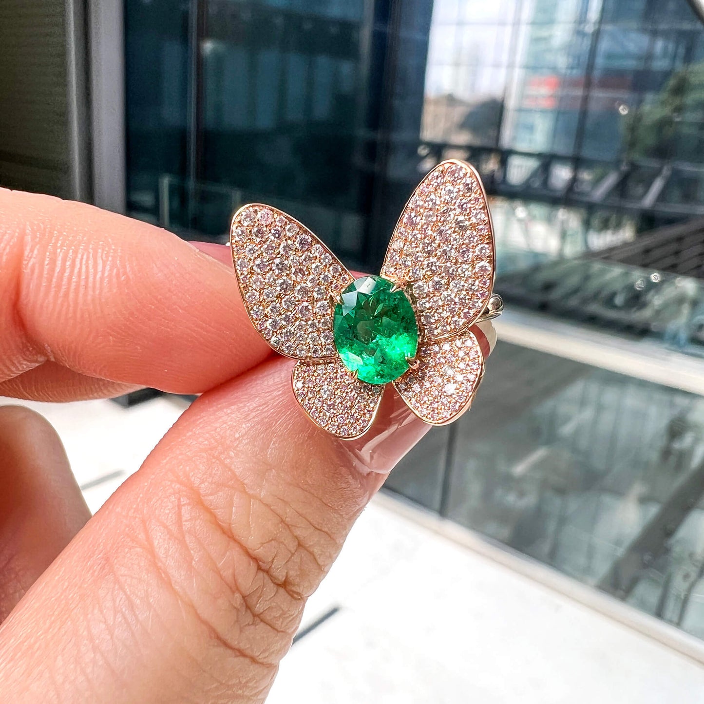 18K White & Rose Gold Statement Ring With 0.84 TCW Oval Shape Natural Emerald, GRS Certified