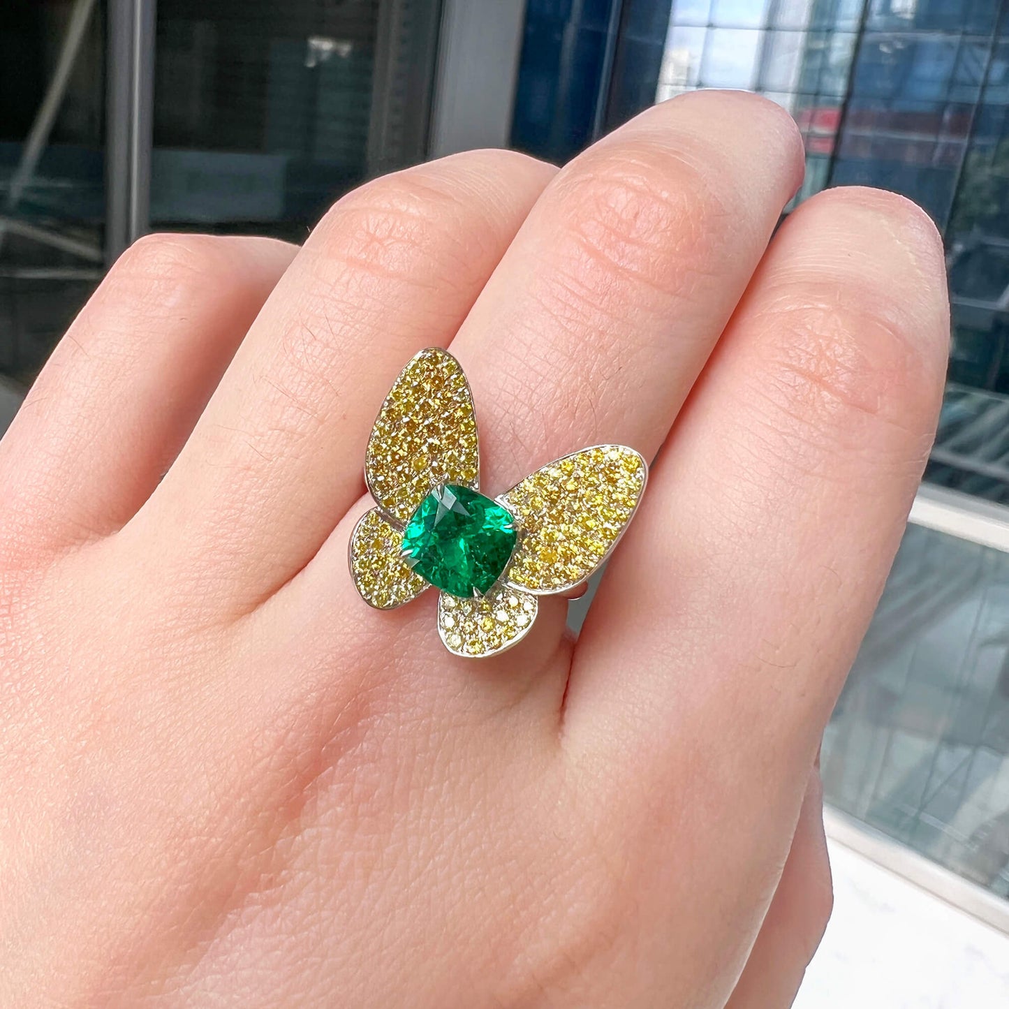 18K White Gold Statement Ring With 1.36 TCW Cushion Shape Natural Emerald, GRS Certified