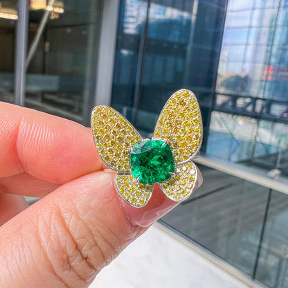 18K White Gold Statement Ring With 1.36 TCW Cushion Shape Natural Emerald, GRS Certified