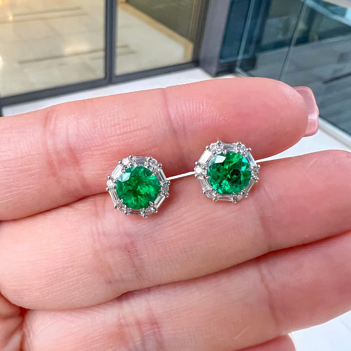 18K White Gold Statement Earrings With 1.76 TCW Round Shape Natural Emerald, GRS Certified