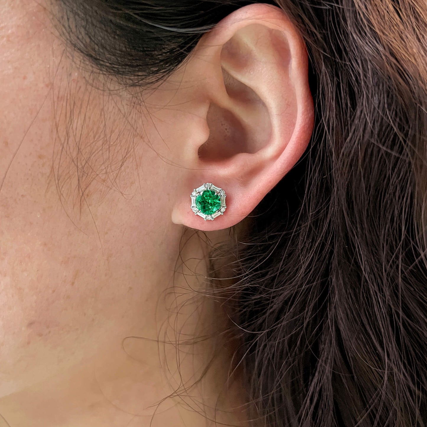 18K White Gold Statement Earrings With 1.76 TCW Round Shape Natural Emerald, GRS Certified
