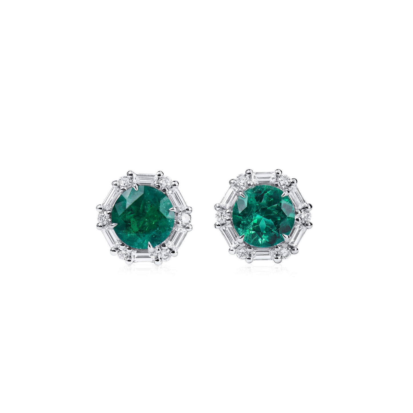 18K White Gold Statement Earrings With 1.76 TCW Round Shape Natural Emerald, GRS Certified