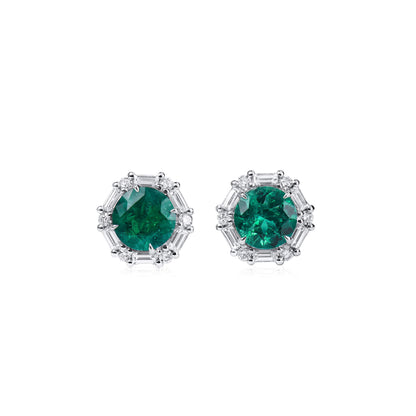 18K White Gold Statement Earrings With 1.76 TCW Round Shape Natural Emerald, GRS Certified