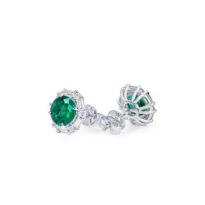 18K White Gold Statement Earrings With 1.76 TCW Round Shape Natural Emerald, GRS Certified