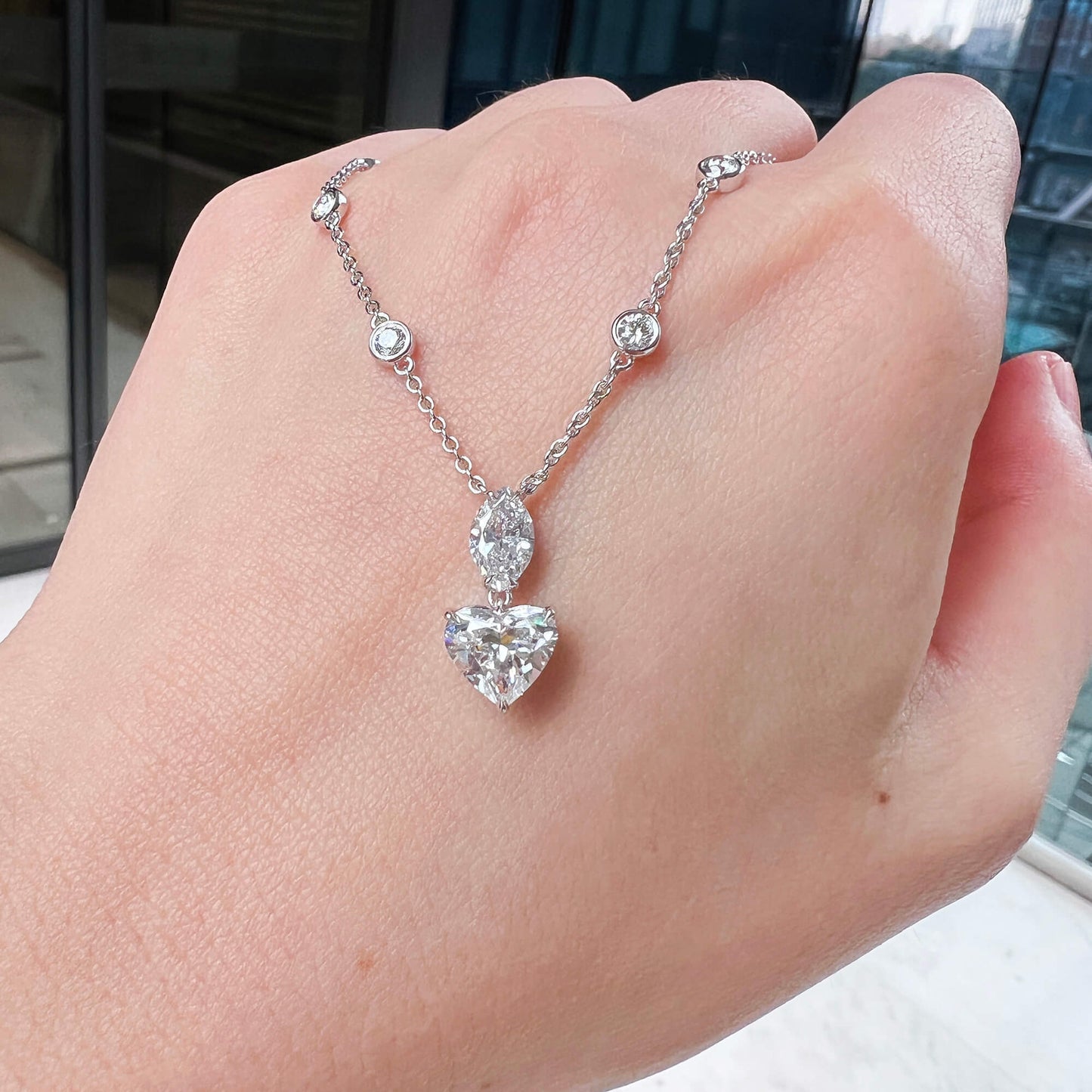 18K White Gold Statement Necklace With 1.51 TCW Heart Shape Natural Diamond, GIA Certified