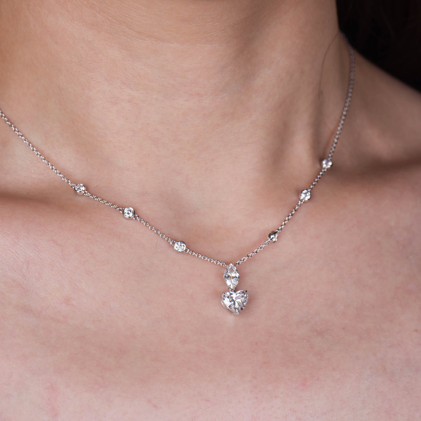 18K White Gold Statement Necklace With 1.51 TCW Heart Shape Natural Diamond, GIA Certified