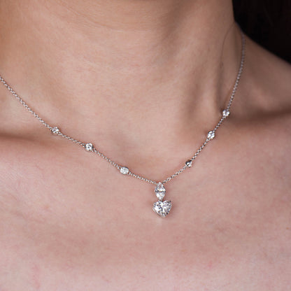18K White Gold Statement Necklace With 1.51 TCW Heart Shape Natural Diamond, GIA Certified