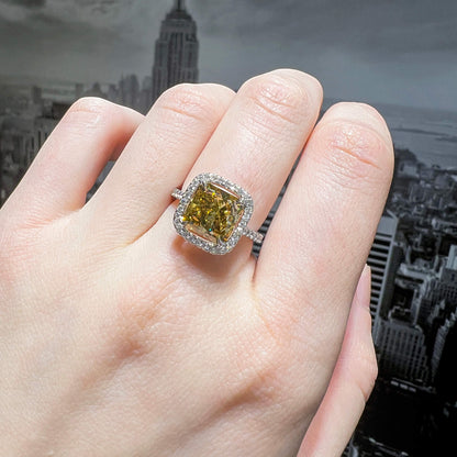18K White Gold Statement Ring With 4.02 TCW Yellow Radiant Shape Natural Diamond, GIA Certified