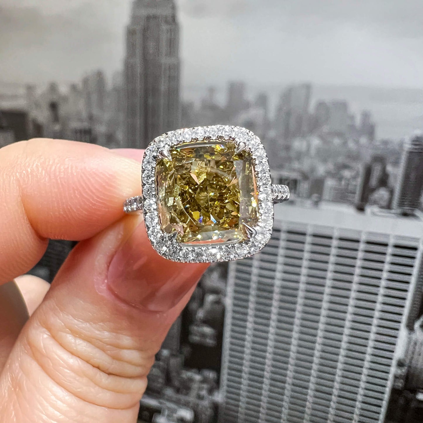18K White Gold Statement Ring With 4.02 TCW Yellow Radiant Shape Natural Diamond, GIA Certified