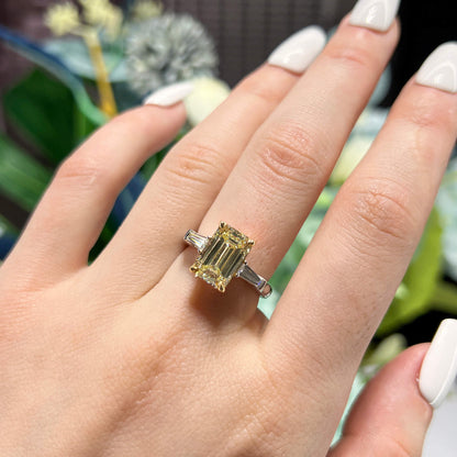 18K White & Yellow Gold Statement Ring With 3.03 TCW Yellow Emerald Shape Natural Diamond, GIA Certified