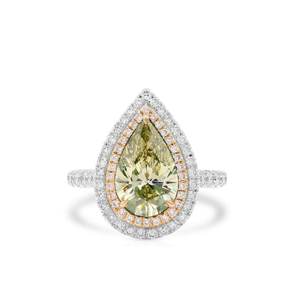 18K White Gold Statement Ring With 2.47 TCW Yellow Pear Shape Natural Diamond, GIA Certified