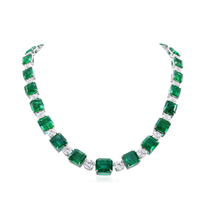 18K White Gold Statement Necklace With 97.77 TCW Emerald Shape Natural Emerald, GRS Certified
