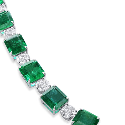 18K White Gold Statement Necklace With 97.77 TCW Emerald Shape Natural Emerald, GRS Certified